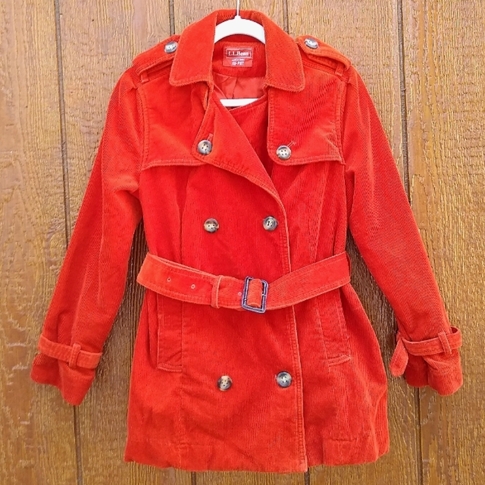 L.L. Bean Burnt Orange Corduroy Belted Trench Coat Pea Coat Size XS Petite